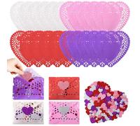 300Pcs Valentines Day Craft Gift Heart Paper Doilies Sets Including 100 * 10 Inch Valentine Lace Paper Doilies, 200 Glitter Shaped Stickers for Valentine Wedding Cakes Desserts Food Decor