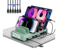 300W Charging Station for Multiple Devices, 8 Port Multi USB C Fast Charger Station Dock for MacBook iPhone 17/16/15/14/13/12 Samsung Pixel Series iPad, Black (6 Mixed Short Cables Included)