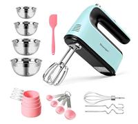 300W Electric Hand Mixer Baking Set, 4 Stainless Steel Mixing Bowls, Measuring Cups & Spoons, Silicone Spatula, 5 Speed Handheld Mixer for Baking, Mixing, Whisking Eggs & Cream (Blue Set)