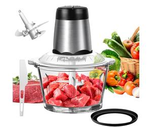 300W Professional Eelectric Chopper with 2L Glass Bowl, 4 bi-Level Blades, Mini Food Processor, Vegetable Meat Chopper for Meat, Smoothie, Onions, Fruit, Vegetables, 2 Speed Settings, Easy to Clean