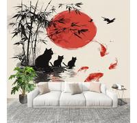 300x210 cm Murals Wall Covering Koi and Black Cat Ink Painting Photo Wallpaper for Office Hotel Café Restaurant Living Room Red DIY Room Waterproof Decor Wallpaper Removable Peel and Stick