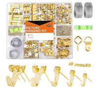 303 Pcs Golden Hooks Picture Hanging Kit, Picture Hangers Assorted Kit with Nails, Hanging Wire, Screw Eyes, D Ring and Sawtooth for Wall Metal ,Picture Wall Hooks for Frame Canvas Mounting.