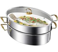 304 Stainless Steel 2-Tier Oval Fish Steamer Pot with Rack, Ceramic Pan & Chuck, Multi-Purpose Kitchen Cookware for Steaming Fish, Boiling Soup and Stewing