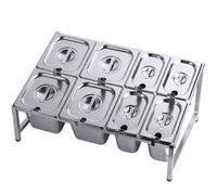 304 Stainless Steel 8 Pans Commercial Spice Rack With Spoon And Lid Set, 2 Row Standing Jam, Kitchen Countertop Storage Shelf Cabinet Silver(22X13.7X9.8IN)