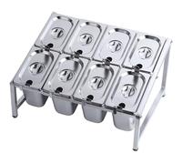 304 Stainless Steel 8 Pans Commercial Spice Rack With Spoon And Lid Set, 2 Row Standing Jam, Kitchen Countertop Storage Shelf Cabinet Silver(A/17.7X13.7X9.8IN)