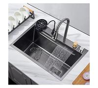 304 Stainless Steel Black Kitchen Sink with Pull Out Faucet & Pressurized Washer Commercial Waterfall Design for Restaurant Bar Hotel Laundry Use