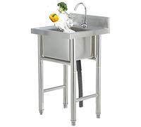 304 Stainless Steel Commercial Sink, 1 Compartment Free Standing Kitchen Sink Single Bowl Commercial Restaurant Utility Sink Reinforced Stand Simple Outdoor Sink for Garage Laundry