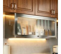 304 Stainless Steel Corner Cabinet, 8.6in Deep Upward Opening, Ribbed Glass Door, Silent Hydraulic Hinges, Wall Storage for Kitchen or Balcony