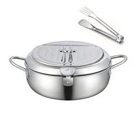 304 Stainless Steel Deep Fryer Pot, Japanese Style Tempura Fryer Pan with a Thermometer, a Lid and a Grill Clip for Chicken, Fish, French Fries, Shrimp, 2.2L