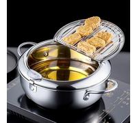 304 Stainless Steel Deep Fryer Pot, Japanese Style Tempura Frying Pan, Frying Chicken Pot with Thermometer For French Fries Shrimp Meatballs Kitchen Cooking, 2. 2L