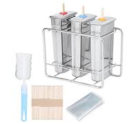 304 Stainless Steel Ice Cream Mold, DIY Ice Lolly Maker with Cleaning Brush Kit, Reusable Kitchen Tool for Homemade Ice Cream, Pudding, Yogurt, Includes 3 Molds, 55 Sticks, 10 Stor (3-Piece Flat-Head