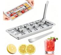 304 Stainless Steel Ice Cube Tray with Release Lever, 18-Cube Metal Ice Mold with Spoon, Easy Release Ice Tray for Freezer, Cocktails, Whiskey, and Homemade Drinks