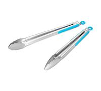 304 Stainless Steel Kitchen Cooking Tongs, 12" and 14" Set of 2 Sturdy Grilling Barbeque Brushed Locking Food Tongs with Ergonomic Grip, Blue