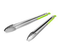 304 Stainless Steel Kitchen Cooking Tongs, 14" and 16" Set of 2 Sturdy Grilling Barbeque Brushed Locking Food Tongs with Ergonomic Grip, Green