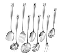 304 Stainless Steel Kitchen Cooking Utensils Set - 9 PCS Serving Utensils, Include Skimmer, Soup Ladle, Spaghetti Server, Wok Spatula, Slotted & Solid Spoon, Slotted Spatula Turner, Meat Fork (Silver)