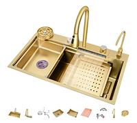 304 Stainless Steel Kitchen Sink Multi-Purpose Waterfall Bar Sink Single Bowl Nano Rv Sink With Pull-Out Faucet Top Mount Or Undermount (Color : Gold-c, Size : 80x45x22cm)