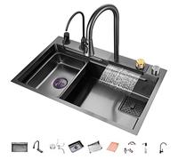 304 Stainless Steel Kitchen Sink Multi-Purpose Waterfall Bar Sink Single Bowl Nano Rv Sink With Pull-Out Faucet Top Mount Or Undermount (Color : Black-a, Size : 80x45x22cm)