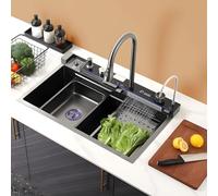 304 Stainless Steel Kitchen Sink Set Waterfall Design Multifunctional Single Bowl with Digital Display Complete Accessories Included (80x45x22cm)