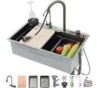 304 Stainless Steel Kitchen Sink Single Bowl Bar Sink Multi-Function Household Dishwashing Basin with Faucet,Drainage Component,Drainage Basin,Drainage Basket,Cutting Board (Color : Black, Size : 75