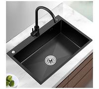 304 Stainless Steel Kitchen Sink - Single Bowl Nano Rv Sink with Faucet & Drain Kit, Top Mount for Home Use, Handcrafted Durable Design-Blacka-55x45x20cm