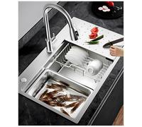 304 Stainless Steel Kitchen Sink with Cutting Board, Drain Basket, Drain Pipe, Silver Kitchen Bar Sink, Large Single Bowl Workstation Sink, Drop in Household Dishwashing Sink(80x50x22cm)