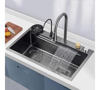 304 Stainless Steel Kitchen Sink Workstation - Nano Waterfall Single Bowl with Pull-Out Hot & Cold Faucet Knob Control Drain Cup Washer Accessories (65x45cm)