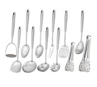 304 Stainless Steel Kitchen Utensils Set - 12 PCS Long All Metal Cooking Utensils & Large Serving Utensils - Potato Masher, Fork, Tongs, Tunner, Pasta, Serving Spoon, Skimmer, Ladle, Spatula Spoon Set