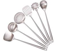 304 Stainless Steel Kitchen Utensils Set - 17” All Metal Cooking Tools, 6-Pcs Extra Long Handle Utensils with Spatula, Soup Ladle, Skimmer Spoon, Slotted Spatula Turner, Spaghetti Server, Solid Spoon