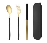304 Stainless Steel Korean Portable Cutlery Spoon Fork Chopsticks 3 Pcs Student Cutlery Set,Black Gold Set