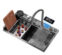 304 Stainless Steel Nano Raindance Waterfall Kitchen Sink, Drop-in Or Undermount Workstation Sink with Pull-Out Faucet,Pressurized Cup Washer, Temperature Real-time Display(80 * 45cm)
