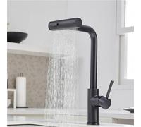 304 Stainless Steel Pull-Out Kitchen Faucet Black Waterfall Tap with Hot & Cold Mix Multi-Funct R & Rotate G1/2 Connector & Slish Sink Fixture