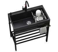 304 Stainless Steel Single Bowl Commercial Restaurant Sink Set with Tap Free Standing Black Utility Sink Washing Hand Basin with Workbench for Outdoor and Kitchen 80cmx45cmx85cm