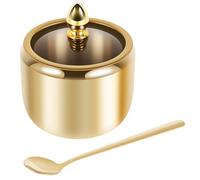 304 Stainless Steel Sugar Container, with Clear Glass Lid and Spoon Gold 10oz Sugar Bowl Dishwasher Safe Seasoning Box Multifunctional Condiment Pot for Salt Candy Coffee Bean