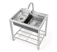 304 Stainless Steel Utility Sink on Stand Outdoor Wash Station with Faucet Filter & Shelf Hot & Cold Water Plumbing Laundry Sink for Home & Garden Use