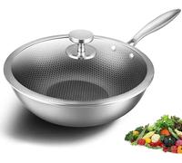 304 Stainless Steel Wok Full Honeycomb No-Smoke Non-Stick Cooker Induction Cooker Gas Universal Stir-Fry Iron Pot Pot Gift-One Color-34cm