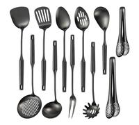 304 Stainlss Steel Kitchen Utensils Set, 11 Pcs Long Metal Cooking Utensil Gadgets Tools Set with Spatula, Ladle, Spoon, Ladle, Skimmer, Tunner, Pasta Server, Tongs(Black, Dishwasher Safe)