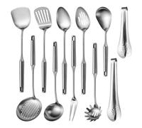 304 Stainlss Steel Kitchen Utensils Set, 11 Pcs Long Metal Cooking Utensil Gadgets Tools Set with Spatula, Ladle, Spoon, Ladle, Skimmer, Tunner, Pasta Server, Tongs(Silver, Dishwasher Safe)