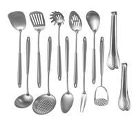 304 Stainlss Steel Kitchen Utensils Set, 12 Pcs Long Metal Cooking Utensil Gadgets Tools Set with Spatula, Ladle, Spoon, Ladle, Skimmer, Tunner, Pasta Server, Tongs(Silver, Dishwasher Safe)