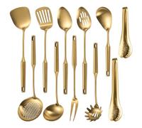 304 Stainlss Steel Matte Kitchen Utensils Set, 11 Pcs Long Metal Cooking Utensil Gadgets Tools Set with Spatula, Spoon, Ladle, Skimmer, Tunner, Pasta Server, Tongs(Gold, Dishwasher Safe)