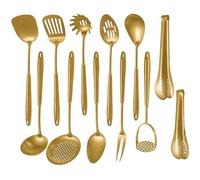 304 Stainlss Steel Matte Kitchen Utensils Set, 12 Pcs Long Metal Cooking Utensil Gadgets Tools Set with Spatula, Ladle, Spoon, Ladle, Skimmer, Tunner, Pasta Server, Tongs(Gold, Dishwasher Safe)