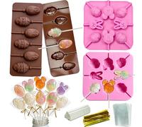 304Pcs Easter Bunny Egg Lollipop Molds Set, Easter Bunny Silicone Moulds Lolly Pop Tray Sucker Molds Hard Candy Mold Baking Mold with Lollipop Sticks Treat Bags Twist Ties