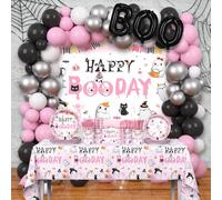 305 Pcs Pink Black Halloween Birthday Party Decorations Includes Plates, Cup, Napkin, Tablecloth, Halloween Happy Boo Day Banner Ghost Boo Birthday Themed Balloons Disposable Tableware