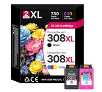 308XL 308 Ink Cartridges XL Replacement for HP 308 Ink Cartridges Black and Colour XL for HP Envy 6120e 6100e 6132e 6122e for HP Deskjet 2922 2900 2910 Printer(2-Pack Black Tri-color)