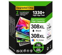308XL Ink BK/CMY - 730/600+ Pages, Replacement for Original HP 308 Ink Cartridges Black and Colour, for HP Envy 6110e 6120e 6122e 6130e 6132e 6520e 6530e 6532e 6152e 6558e DeskJet 2910 2920 2921 2922