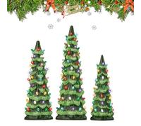 30CM Artificial Christmas Tree, Set of 3 Ceramic Christmas Trees, Retro Hand Painted Table top Christmas Trees with Timer, Multicolor Bulbs Led Lights, for Home, Fireplace (Multicolor)