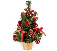 30cm Artificial Christmas Tree Silver Tinsel Flecks, Red Decorations & Pine Cone