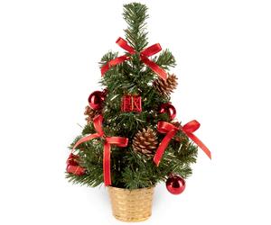30cm Artificial Christmas Tree Silver Tinsel Flecks, Red Decorations & Pine Cone