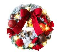 30CM Christmas Wreath with LED Lights, Lighted Christmas Wreath for Front Door, Artificial Cotton Balls Ornaments Ribbon Bows Pre-Lit Winter Garland Xmas Decorations Window Wall Holiday Decor (Red)