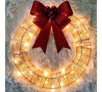 30cm Light Up Christmas Wreath, LED Lighted Christmas Wreath - Metal Rattan Style Frame with Red Bow, Removable Design, Modern Festive Decoration for Indoor & Outdoor, Front Door, Window (Gold)