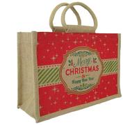 30cm MERRY CHRISTMAS JUTE BAG with HANDLES - Natural Hessian Gift Bag with a Red XMAS Design & Cotton Corded Handles (Medium - 30x12x20cm high)